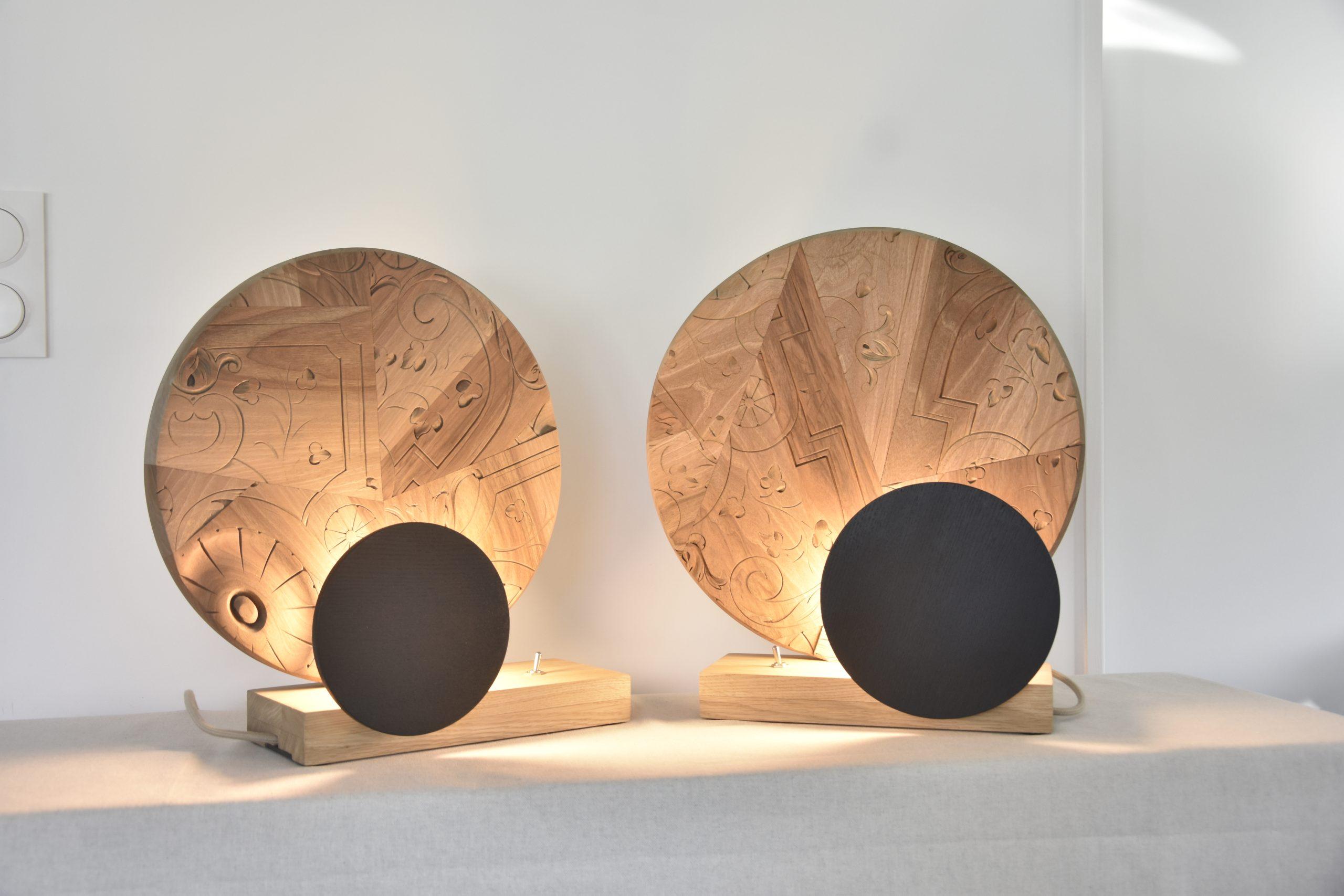 Thomas Coup la fronde - lampe bois upcycling eclipe noyer