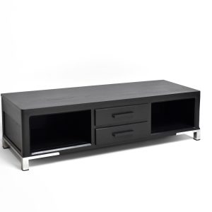 meuble télé moderne entièrement noir et chrome pour un salon design
