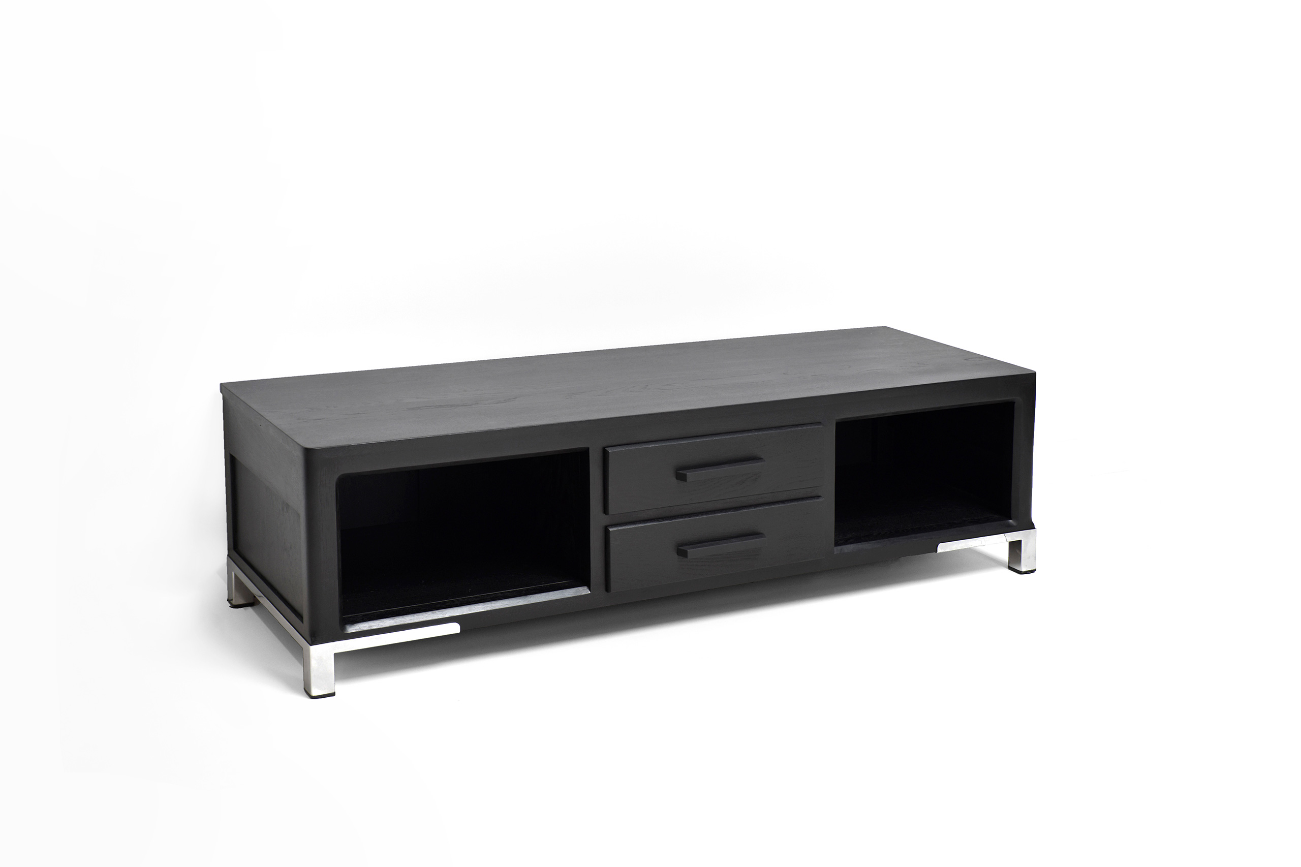 meuble télé moderne entièrement noir et chrome pour un salon design